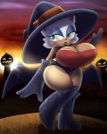  2018 absurd_res anthro big_breasts blush boots breasts chiropteran clothing female footwear gloves green_eyes halloween handwear hat headgear headwear hi_res holidays mammal outside rouge_the_bat royaloppai solo sonic_the_hedgehog_(series) wide_hips wings 