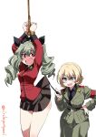  2girls absurdres anchovy_(girls_und_panzer) anchovy_(girls_und_panzer)_(cosplay) anzio_military_uniform arms_up bangs belt black_neckwear black_ribbon black_skirt blonde_hair blue_eyes blush boots braid brown_eyes commentary_request cosplay costume_switch darjeeling_(girls_und_panzer) darjeeling_(girls_und_panzer)_(cosplay) drill_hair embarrassed eyebrows_visible_through_hair frown girls_und_panzer green_hair grey_pants hair_ribbon hand_on_hip highres holding inoue_yoshihisa insignia jacket knee_boots lifted_by_another long_hair long_sleeves looking_at_another looking_at_viewer military military_uniform miniskirt multiple_girls necktie open_mouth pants pleated_skirt red_eyes red_jacket restrained ribbon riding_crop sam_browne_belt short_hair simple_background skirt skirt_lift smile st._gloriana&#039;s_military_uniform standing textless tied_hair twin_braids twin_drills twintails twitter_username uniform white_background 