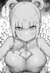  +_+ 1boy 1girl bangs blush breast_squeeze breasts bridal_gauntlets cleavage_cutout closed_mouth clothing_cutout eyebrows_visible_through_hair greyscale hetero highres large_breasts looking_at_viewer monochrome original paizuri paizuri_under_clothes pov reinoenu_(anon) short_hair sleeveless solo_focus translation_request 
