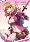  1girl absurdres blonde_hair blue_eyes breasts caiman-pool covered_navel dutch_angle english_text gwenpool highres holster katana looking_at_viewer marvel medium_breasts short_hair skin_tight smile solo speech_bubble stipple_coloring sword teeth thigh_holster thigh_pouch thighs tongue v weapon 