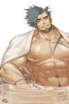  1boy abs bara bare_pecs blue_hair chest_tattoo facial_hair goatee gomtang head_tilt large_pectorals long_hair male_focus mature_male muscular muscular_male naked_towel navel navel_hair nipples onsen original partially_submerged ponytail see-through shark_(gomtang) sideburns sidecut solo stomach tattoo thick_eyebrows towel towel_around_neck upper_body wet 