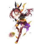  1girl animal_ears bangs bare_shoulders blush breasts bunny_ears choker cleavage collarbone egg fake_animal_ears fire_emblem fire_emblem_awakening fire_emblem_heroes gloves hair_ornament high_heels highres holding kaya8 leotard long_hair looking_at_viewer looking_away official_art open_mouth pantyhose petals red_eyes red_hair see-through severa_(fire_emblem) sleeveless solo strapless strapless_leotard tied_hair torn_clothes torn_legwear transparent_background twintails 