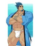  1boy abs bara bare_pecs blue_eyes blue_hair blue_kimono bulge chest_tattoo crossed_arms facial_hair feet_out_of_frame fundoshi goatee gomtang japanese_clothes kimono large_pectorals long_hair looking_to_the_side male_focus mature_male muscular muscular_male navel nipples open_clothes open_kimono original ponytail pout shark_(gomtang) sideburns sidecut solo stomach tattoo thick_eyebrows thick_thighs thighs white_male_underwear 