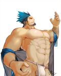  1boy abs bara bare_pecs bare_shoulders blue_eyes blue_hair blue_kimono bulge chest_tattoo cowboy_shot facial_hair fundoshi goatee gomtang japanese_clothes kimono large_pectorals long_hair looking_up male_focus mature_male muscular muscular_male navel navel_hair nipples no_pants off_shoulder open_clothes open_kimono original ponytail shark_(gomtang) sideburns sidecut smile solo stomach tattoo thick_eyebrows thick_thighs thighs wet_male_underwear white_male_underwear 
