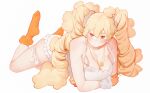  1girl ahoge blonde_hair blush breasts cleavage closed_mouth gloves hair_between_eyes hair_ornament hair_scrunchie highres huge_breasts jewelry long_hair looking_at_viewer mofu_mofuko_(ryusei_hashida) necklace orange_eyes orange_gloves orange_legwear original ryusei_hashida scrunchie simple_background skindentation socks solo twintails veins veiny_breasts white_background 
