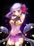  1girl armlet armor armpits arms_behind_head arms_up bangs bare_shoulders bikini_armor black_background blush breasts collar covered_navel detached_sleeves dress earrings fate/grand_order fate_(series) floral_print hair_ribbon highres jewelry kama_(fate) light_particles looking_at_viewer metal_collar miniskirt open_mouth pelvic_curtain purple_dress purple_legwear purple_skirt purple_sleeves queencho red_eyes ribbon short_hair silver_hair skirt small_breasts thighhighs thighlet thighs 