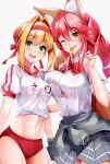  2girls ahoge animal_ear_fluff animal_ears bangs blonde_hair blush braid breasts buruma fate/extra fate/grand_order fate_(series) fox_ears fox_girl fox_tail french_braid green_eyes gym_uniform hair_between_eyes hair_bun hair_intakes headband highres large_breasts long_hair looking_at_viewer multiple_girls name_tag nero_claudius_(fate) nero_claudius_(fate)_(all) olympian_bloomers pink_hair red_headband sezoku sidelocks smile tail tamamo_(fate)_(all) tamamo_no_mae_(fate) yellow_eyes 