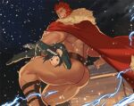  2boys ass ass_focus back bara beard cape carrying_under_arm dark_skin dark_skinned_male facial_hair fate/zero fate_(series) feet_out_of_frame from_below fur-trimmed_cape fur_trim gomtang gordius_wheel_(fate) iskandar_(fate) leather lightning_bolt male_focus mature_male multiple_boys muscular muscular_male naked_cape no_pants red_cape red_eyes red_hair short_hair size_difference sky smirk star_(sky) starry_sky thick_thighs thighs waver_velvet 