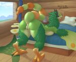 anthro anus avian bed big_breasts big_butt bird_wyvern bodily_fluids breast_squish breasts butt capcom dialogue dripping feathers female furniture genital_fluids genitals hi_res inside looking_at_viewer lying monster_hunter nude on_bed on_front pillow plump_labia presenting presenting_hindquarters pukei-pukei pussy pussy_juice raised_tail side_boob solo squish talking_to_viewer testowepiwko thick_thighs video_games 