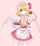  1girl ;q absurdres apron ascot bangs blonde_hair bowl chocolate_making cooking cowboy_shot eyebrows_visible_through_hair flandre_scarlet frilled_ascot frills headdress heart heart-shaped_pupils heart_wings highres holding holding_bowl holding_spatula licking_lips maid_headdress medium_hair one_eye_closed pink_background rainbow_order red_eyes red_skirt red_vest shirt simple_background skirt solo spatula spoken_heart standing subaru_(subachoco) symbol-shaped_pupils thighhighs tongue tongue_out touhou valentine vest waist_apron white_apron white_legwear white_shirt wings yellow_neckwear 