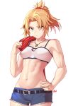  1girl abs bandeau bangs bare_shoulders belt biceps blonde_hair braid breasts collarbone cutoffs denim denim_shorts fate/apocrypha fate_(series) french_braid frenchvanillu green_eyes hair_ornament hair_scrunchie highres jacket jacket_over_shoulder jacket_removed jewelry large_breasts long_hair looking_at_viewer mordred_(fate) mordred_(fate)_(all) muscular muscular_female navel necklace parted_bangs ponytail red_jacket scrunchie shorts sidelocks simple_background small_breasts thighs toned 
