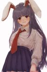  1girl animal_ears b_nosk101 bangs blunt_bangs blurry blush breasts bunny_ears closed_mouth collared_shirt cowboy_shot depth_of_field eyebrows_behind_hair highres light_smile long_hair necktie pleated_skirt purple_hair purple_skirt red_eyes red_neckwear reisen_udongein_inaba shirt simple_background skirt small_breasts solo touhou very_long_hair white_background white_shirt 