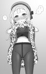  1girl ? absurdres beret blush cowboy_shot dress dress_lift frilled_dress frills girls_frontline gradient gradient_background greyscale hat highres lifted_by_self llpfmfc long_hair looking_at_viewer monochrome mp5_(girls_frontline) navel nose_blush pantyhose solo spoken_question_mark 