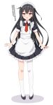  1girl absurdres alternate_costume apron black_dress black_footwear black_hair blush dress enmaided eyebrows_visible_through_hair frilled_apron frills full_body hair_between_eyes hatsushimo_(kancolle) highres kantai_collection long_hair looking_at_viewer maid maid_apron maid_headdress puffy_short_sleeves puffy_sleeves red_eyes red_neckwear saratoga_(scharn) short_sleeves simple_background single_thighhigh solo thighhighs white_apron white_background white_legwear wrist_cuffs 