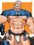  1boy abs arm_hair armor bara bare_pecs beard blue_male_underwear blue_shirt bulge chest_hair cowboy_shot crotchless crotchless_pants facial_hair gomtang grey_hair hairy jockstrap large_pectorals male_focus male_underwear mature_male muscular muscular_male mustache navel navel_hair nipples old old_man one_eye_closed overwatch pants reinhardt_(overwatch) scar scar_across_eye scar_on_arm scar_on_leg scar_on_stomach shirt shirt_lift short_hair skindentation smile solo stomach thick_thighs thighs tight tight_shirt underwear white_male_underwear 