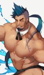  1boy abs alternate_costume anchor_symbol apron apron_lift ass bar_censor bara bare_pecs black_apron blue_eyes blue_hair censored chest_tattoo detached_collar facial_hair fish goatee gomtang grin large_pectorals long_hair looking_at_viewer male_focus mature_male muscular muscular_male navel nipple_piercing nipples original penis_peek piercing ponytail revealing_clothes shark_(gomtang) sharp_teeth sideburns sidecut smile solo stomach tattoo teeth thick_eyebrows upper_body water wrist_cuffs 
