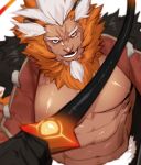  1boy abs animal_ears bara bare_pecs beard character_request check_copyright copyright_request dark_skin dark_skinned_male facial_hair feather_boa fox_ears frown gomtang jacket large_pectorals male_focus mature_male medium_hair muscular muscular_male navel navel_hair nipples old old_man open_clothes open_jacket original solo stomach upper_body whip 
