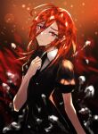  1other androgynous aruto2498 bangs black_neckwear black_shirt closed_mouth collared_shirt crystal_hair gem_uniform_(houseki_no_kuni) hair_between_eyes hand_on_own_chest highres houseki_no_kuni long_bangs looking_at_viewer mercury_(element) necktie puffy_short_sleeves puffy_sleeves red_eyes red_hair red_theme shinsha_(houseki_no_kuni) shirt short_hair short_sleeves solo upper_body white_shirt wing_collar 