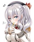  1girl artist_name bangs blue_eyes breasts bubble_tea commentary_request cup dated disposable_cup drinking drinking_straw drinking_straw_in_mouth epaulettes gloves hair_between_eyes highres jacket kantai_collection kashima_(kancolle) large_breasts long_sleeves looking_at_viewer military_jacket neckerchief notice_lines red_neckwear sidelocks signature silver_hair simple_background solo tk8d32 twintails upper_body wavy_hair white_background white_gloves white_jacket 