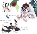  2boys black_hair black_skirt commentary_request earrings eyes_visible_through_hair facepaint flygon galarian_form galarian_linoone gen_3_pokemon gen_8_pokemon hat highres holding jewelry korean_commentary korean_text male_focus mononoke_hime multicolored_hair multiple_boys necklace open_mouth piers_(pokemon) pokemon pokemon_(creature) pokemon_(game) pokemon_swsh raihan_(pokemon) riding_pokemon skirt smile sparkle translation_request tree two-tone_hair white_hair zigzagdb 