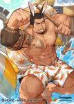  1boy abs animal_ears arm_tattoo bara bare_pecs biceps black_hair bulge bunny_ears carrot_print carrying_over_shoulder character_request chest_tattoo dark_skin dark_skinned_male facial_hair food_print foot_out_of_frame foreshortening goatee gomtang innertube large_pectorals male_focus male_swimwear mature_male muscular muscular_male navel navel_hair nipples official_alternate_costume official_art one_eye_closed qurare_magic_library rope sandals short_hair sideburns smile solo stomach swim_trunks swimwear tattoo thick_thighs thighs water white_male_swimwear 