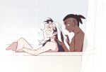  2boys bathing bathtub black_hair blue_eyes closed_eyes closed_mouth commentary dark_skin dark_skinned_male earrings foam from_side indoors jewelry male_focus multicolored_hair multiple_boys musical_note nude parted_lips piers_(pokemon) pokemon pokemon_(game) pokemon_swsh raihan_(pokemon) smile tile_wall tiles two-tone_hair undercut wet white_hair zigzagdb 