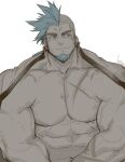  1boy abs bara bare_pecs blue_eyes blue_hair blue_theme facial_hair goatee gomtang large_pectorals male_focus mature_male muscular muscular_male navel nipples original shark_(gomtang) short_hair sideburns sidecut smile solo spot_color stomach upper_body 