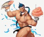  1boy abs alternate_costume anchor_symbol apron apron_lift ass bar_censor bara bare_pecs biceps black_apron blue_eyes blue_hair censored chest_tattoo detached_collar facial_hair fish goatee gomtang grin holding holding_plate large_pectorals long_hair looking_at_viewer male_focus mature_male muscular muscular_male navel nipple_piercing nipples original penis_peek piercing plate ponytail revealing_clothes shark_(gomtang) sharp_teeth sideburns sidecut smile solo stomach tattoo teeth thick_eyebrows thick_thighs thighs waist_apron water wrist_cuffs 