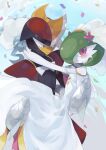  1boy 1girl armor arms_up bangs bare_shoulders bisharp black_eyes black_skin blade blue_ribbon blue_sky blurry blurry_background blush bob_cut bouquet bow bowtie carrying chikichi closed_mouth clothed_pokemon cloud colored_skin commentary_request confetti day dress flat_chest flower gardevoir gen_3_pokemon gen_5_pokemon green_hair hair_flower hair_ornament hair_over_one_eye hands_up happy helmet highres looking_at_another looking_back multicolored multicolored_skin off_shoulder outdoors outstretched_arms petals pink_eyes pink_flower pokemon pokemon_(creature) princess_carry ribbon shiny shiny_hair short_hair shoulder_armor sideways_mouth sky smile standing two-tone_skin veil wedding white_dress white_flower white_neckwear white_skin yellow_skin 