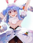  1girl animal_ear_fluff animal_ears arm_up armpits bangs black_leotard blue_hair bow braid breasts brown_legwear bunny-shaped_pupils bunny_ears carrot carrot_hair_ornament covered_navel detached_sleeves don-chan_(usada_pekora) dress eyebrows_visible_through_hair food_themed_hair_ornament full_body fur-trimmed_dress fur_scarf fur_trim hair_between_eyes hair_bow hair_ornament highres hololive leotard long_hair looking_at_viewer multicolored_hair open_mouth orange_eyes orangexdrop outstretched_arm pantyhose pocket pom_pom_(clothes) puffy_short_sleeves puffy_sleeves rabbit_girl shiny shiny_clothes shiny_hair short_dress short_eyebrows short_sleeves simple_background sleeveless sleeveless_dress solo thick_eyebrows twin_braids two-tone_hair upper_teeth usada_pekora virtual_youtuber white_background white_bow white_dress white_hair 