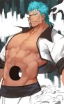  1boy abs bara bare_pecs bleach blue_eyeshadow blue_hair character_request cowboy_shot dark_skin dark_skinned_male eyeshadow gomtang large_pectorals looking_at_viewer makeup male_focus muscular muscular_male no_nipples open_clothes open_shirt shirt short_hair sideburns solo stomach white_shirt 