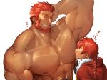 2boys abs alexander_(fate) bara beard biceps braid braided_ponytail dark_skin dark_skinned_male facial_hair fate/zero fate_(series) fingerless_gloves flying_sweatdrops gloves gomtang iskandar_(fate) large_pectorals male_focus mature_male multiple_boys muscular muscular_male nipples nude red_eyes red_hair selfcest short_hair size_difference stomach sucking_male_nipple sweatdrop upper_body yaoi 