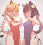  2girls animal_ear_fluff animal_ears bare_shoulders black_jaguar_(kemono_friends) blonde_hair blue_eyes breasts cat_day cleavage cleavage_cutout clothing_cutout covered_navel eyebrows_visible_through_hair fangs flower groin hair_flower hair_ornament highres jaguar_(kemono_friends) jaguar_ears jaguar_girl jaguar_tail kemono_friends kemono_friends_3 medium_breasts multiple_girls nail_polish navel open_mouth simple_background st.takuma tail white_background yellow_eyes 