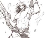  1boy abs bara bullet cowboy_shot elbow_gloves eugen_(granblue_fantasy) eyepatch gloves gomtang granblue_fantasy greyscale gun holding holding_gun holding_weapon large_pectorals looking_at_viewer male_focus mature_male medium_hair monochrome muscular muscular_male navel navel_hair nipples rifle shirtless sketch smile solo stomach weapon wind 
