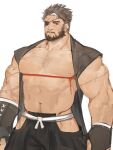  1boy abs arm_hair bara bare_pecs beard black_gloves black_pants bulge character_request check_copyright chest_hair copyright_request cowboy_shot eyepatch facial_hair fingerless_gloves gloves gomtang hairy hakama_pants hip_vent large_pectorals male_focus mature_male muscular muscular_male navel navel_hair nipples open_clothes original pants short_hair solo stomach thighs 