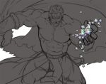  1boy abs bara beard bulge cape facial_hair fate/zero fate_(series) feet_out_of_frame gomtang greyscale holding holding_cape iskandar_(fate) large_pectorals looking_at_viewer male_focus mature_male monochrome muscular muscular_male navel no_nipples pelvic_curtain red_eyes red_hair saint_quartz shirtless short_hair sketch smirk solo stomach thick_thighs thighs wind work_in_progress 