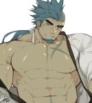  1boy abs bara bare_pecs blue_eyes blue_hair chest_tattoo dougi facial_hair goatee gomtang jacket large_pectorals long_hair male_focus mature_male muscular muscular_male navel navel_hair nipples off_shoulder open_clothes open_jacket original ponytail shark_(gomtang) sharp_teeth sideburns sidecut single_bare_shoulder solo stomach tattoo teeth thick_eyebrows upper_body veins white_jacket 