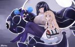  bag black_hair blonde_hair blush braid breasts cosmog covered_nipples crossed_legs gen_7_pokemon green_eyes highres huge_breasts legendary_pokemon light_blush lillie_(pokemon) long_hair looking_at_viewer lusamine_(pokemon) mother_and_daughter multicolored_hair norza pantyhose pokemon pokemon_(creature) pokemon_(game) pokemon_sm smile twin_braids two-tone_hair yellow_eyes 