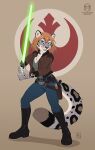  2021 5_fingers anthro black_spots blue_eyes breasts clothed clothing digital_media_(artwork) felid female fingers fur grey_body grey_fur hi_res kacey lightsaber mammal melee_weapon open_mouth pantherine smile snow_leopard solo spots spotted_body spotted_fur star_wars teeth tongue weapon 