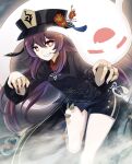  1girl :d =_= absurdres bead_bracelet beads bent_over black_headwear black_shorts bracelet brown_hair clenched_teeth commentary_request excel_(shena) fang flower genshin_impact ghost ghost_pose grin hair_flaps hat hat_flower highres hu_tao jewelry long_hair long_sleeves looking_at_viewer mandarin_collar multiple_rings open_mouth purple_nails red_eyes ring shorts skin_fang smile standing standing_on_one_leg symbol-shaped_pupils tassel teeth very_long_hair white_legwear 