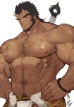  1boy abs bara bare_pecs bead_necklace beads beard black_hair bulge character_request check_copyright chest_hair copyright_request cowboy_shot dark_skin dark_skinned_male facial_hair fang fundoshi gomtang hairy horns japanese_clothes jewelry large_pectorals looking_at_viewer male_focus mature_male monster_boy muscular muscular_male navel navel_hair necklace nipples oni_horns original scar scar_on_arm scar_on_chest scar_on_stomach short_hair skin-covered_horns solo stomach thick_eyebrows weapon weapon_on_back white_male_underwear 