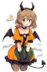  1girl ahoge alternate_costume animal_on_shoulder bandaid bandaid_on_face bat bat_wings brown_eyes brown_hair brown_legwear collarbone commentary_request cowboy_shot crab cropped_legs dated demon_tail demon_wings dress halloween_costume horns kantai_collection leaning_forward oboro_(kantai_collection) odawara_hakone orange_dress pantyhose short_hair simple_background solo squash tail twitter_username white_background wings 