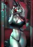  2021 absurd_res anthro black_nose canid canid_demon cellphone clothing collar demon female goth hair hellhound helluva_boss hi_res long_hair loona_(vivzmind) mammal mirror mirror_selfie phone qrichy red_sclera selfie solo spiked_collar spikes thong underwear 