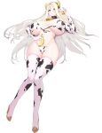  1girl animal_print banana bell bikini blonde_hair blue_eyes boots breasts cerestia_of_life circlet cleavage collar cow_horns cow_print cowbell ear_piercing ear_tag elbow_gloves elf food fruit full_body gloves hair_between_eyes highres horns last_origin long_hair long_pointy_ears neck_bell nipples official_art piercing pointy_ears snowball22 solo swimsuit tachi-e tag thigh_boots thighhighs transparent_background very_long_hair 