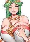  1girl armpit_crease artist_name blush breast_grab breasts closed_mouth collarbone covered_nipples deep_skin english_commentary eyelashes forehead_jewel gem grabbing green_eyes green_hair groping guided_breast_grab highres huge_breasts jewelry kid_icarus laurel_crown lips long_hair looking_at_viewer mariezone out_of_frame palutena pov pov_hands puckered_lips puffy_nipples shiny shiny_hair shiny_skin sidelocks solo_focus strapless upper_body 
