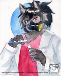  abstract_background absurd_res ambiguous_gender anthro chemistry clothing coat fur gas_mask hair hi_res lab_coat mask murazaki neck_tuft ponytail solo topwear traditional_media_(artwork) tuft unknown_species 