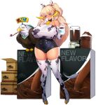  1girl animal_ears animal_print bangs bird blender blonde_hair blush boots breasts chocolate_milk cleavage covered_nipples cow_ears cow_girl cow_print cow_tail cup dark_elf dark_elven_forest_ranger eagle elbow_gloves elf english_text eyebrows_visible_through_hair full_body gloves gyaru hair_between_eyes highres horns huge_breasts kogal last_origin long_hair looking_at_viewer mug mug_writing navel official_art one-piece_swimsuit pointy_ears purple_eyes snowball22 solo swimsuit tachi-e tail thick_thighs thigh_boots thighhighs thighs transparent_background two_side_up white_legwear wide_hips 