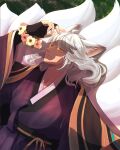  1boy absurdres animal_ears arms_up balle cou flower fox_boy fox_ears fox_tail grey_hair guardian_tales highres long_hair looking_away multiple_tails shadow solo tail yellow_eyes 