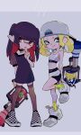  2girls aqua_eyes backwards_hat bangs black_choker black_dress black_footwear black_hair black_legwear blonde_hair blunt_bangs blunt_ends checkered_footwear choker closed_mouth colored_inner_hair domino_mask dress ear_clip frown grey_background h-3_nozzlenose_(splatoon) hand_to_own_mouth hat holding holding_weapon imaikuy0 inkling leg_up long_hair looking_at_viewer makeup mascara mask medium_hair multicolored_hair multiple_girls nike octoling pointy_ears puffy_short_sleeves puffy_sleeves red_eyes shirt shoes short_dress short_sleeves shorts smirk sneakers socks splatoon_(series) splatoon_2 sportswear standing standing_on_one_leg suction_cups symbol_commentary tank_top tentacle_hair thighhighs twintails weapon white_footwear white_headwear white_shirt white_shorts yellow_legwear 