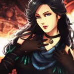  1girl black_hair esther gloves hands_on_own_chest jewelry lips long_hair looking_at_viewer pentagram_pendant portrait purple_eyes the_witcher the_witcher_3 wavy_hair yennefer 